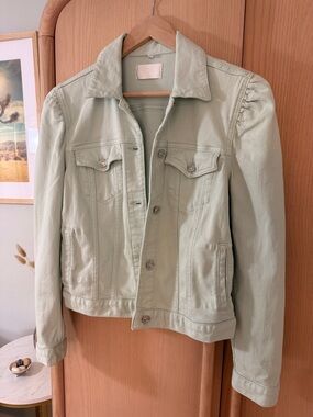 7 For All Mankind Sage Green Denim Jacket Cropped Puff Shoulder Size XS